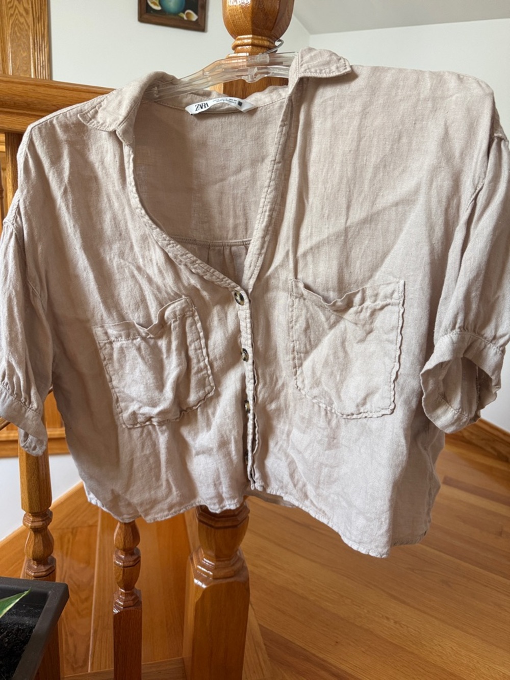 Zara Beige Linen-Blend Short Sleeve Button Crop Top